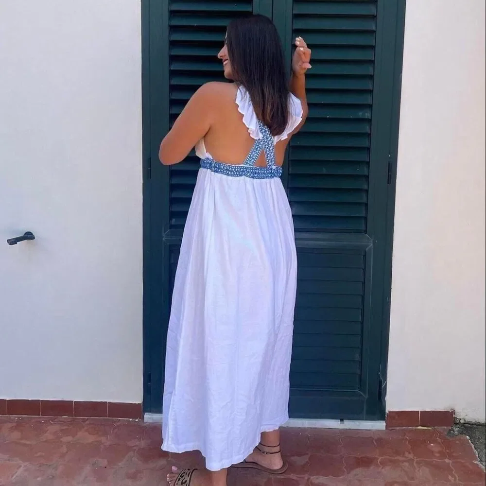 NWT J-Crew White and blue v-neck maxi ruffle cami sleeves dress